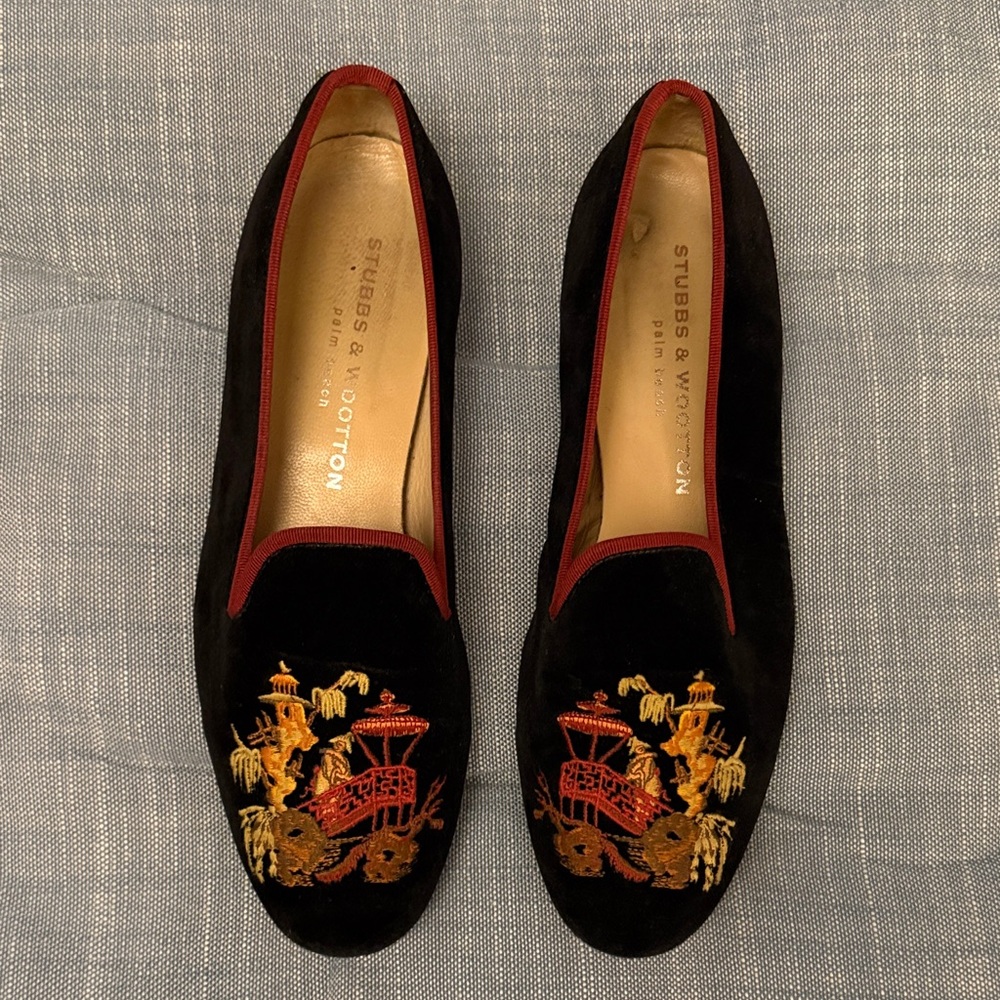 Stubbs & Wootton Black and Red Embroidered Loafers - RARE